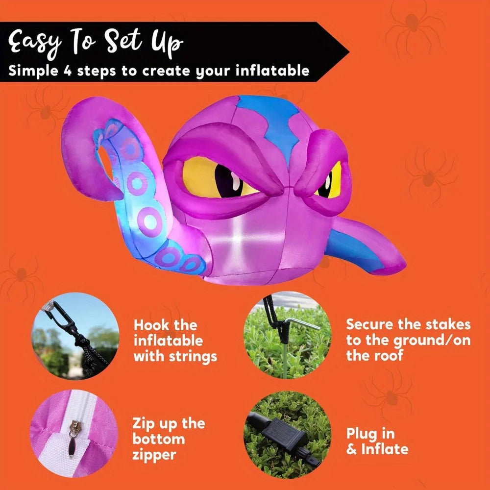 4 FT Tall Halloween Inflatable Purple Octopus Head with Tentacles Broke Out from Window with Built-in LEDs Blow Up for Halloween Window Decor, Outdoor Yard Garden Lawn Party Decoration
