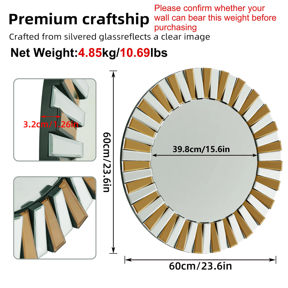 60/80CM Round Starburst Decorative Wall Mirror Gorgeous Tawny Accent Mirror for Bathroom Bedroom Living Room Dining Room