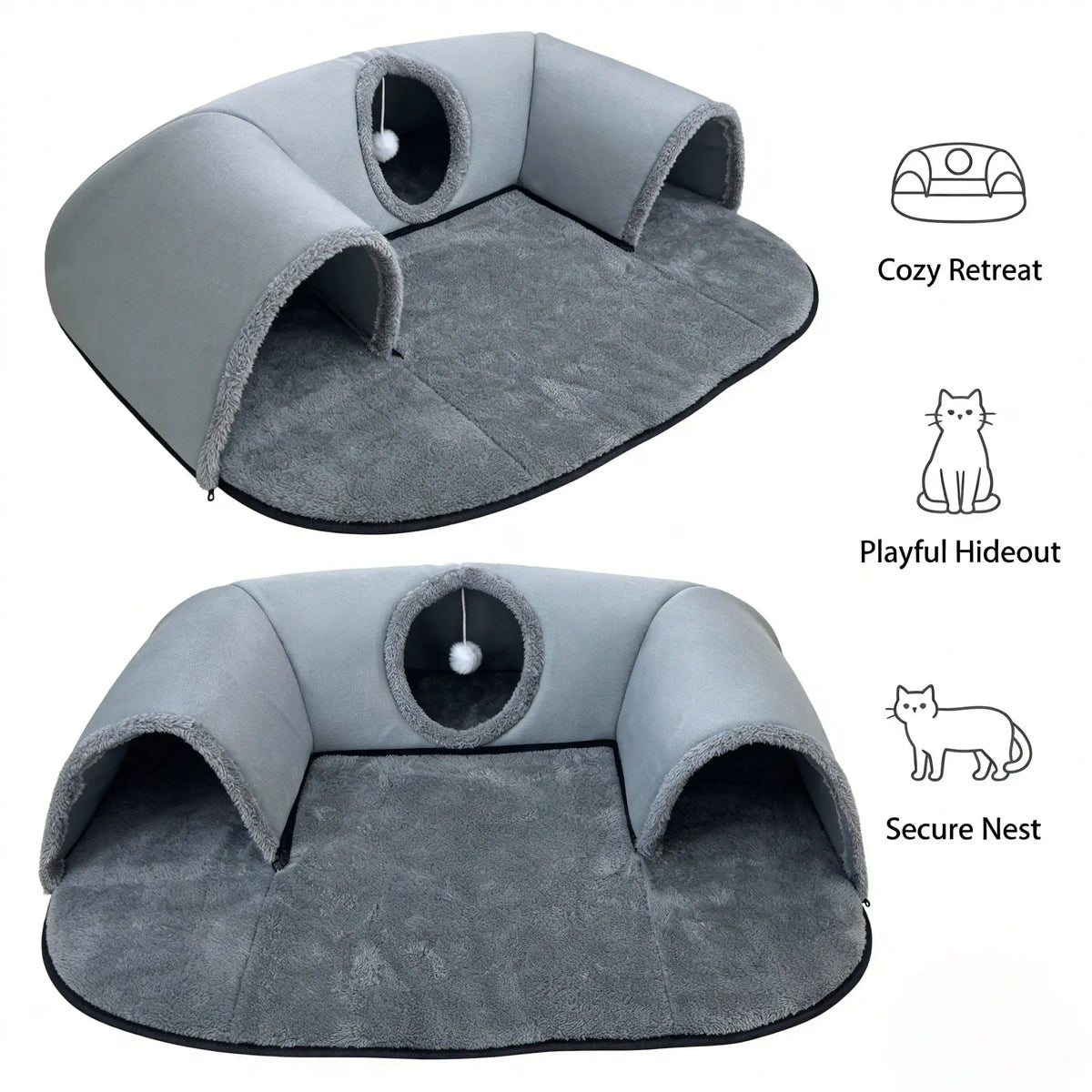 Premium Cat Tunnel Bed With Plush Cushion And Hideaway Cave