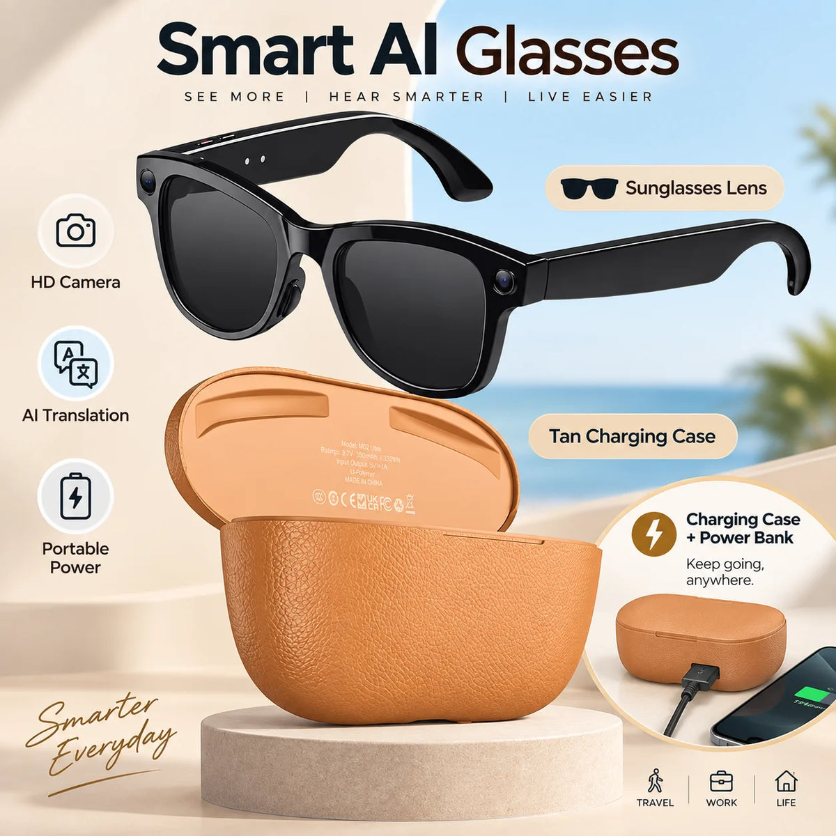 Smart AI Camera Glasses With Bluetooth Translation And Music Playback