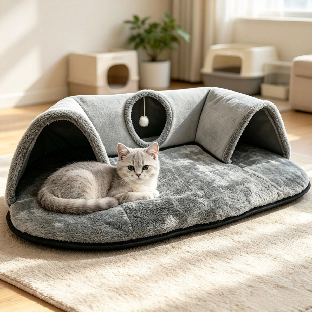 Premium Cat Tunnel Bed With Plush Cushion And Hideaway Cave