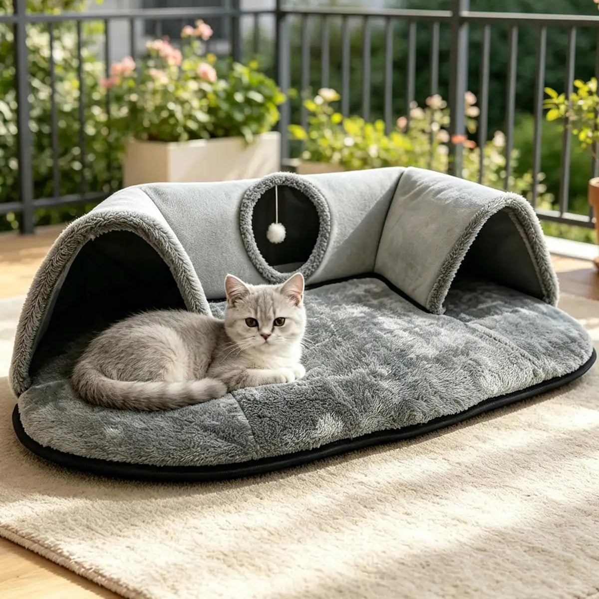 Premium Cat Tunnel Bed With Plush Cushion And Hideaway Cave