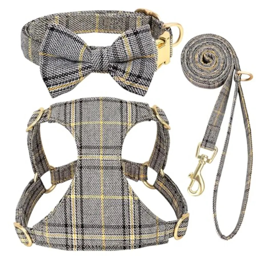 Soft Adjustable Plaid Harness Collar and Leash Set with Bowtie