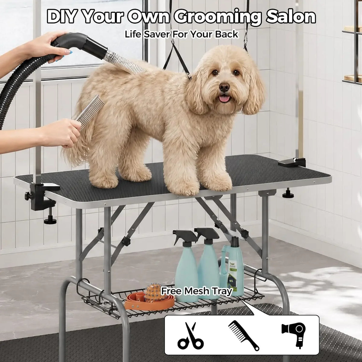 Garvee Foldable Professional Dog Grooming Table With Adjustable Safety Arm