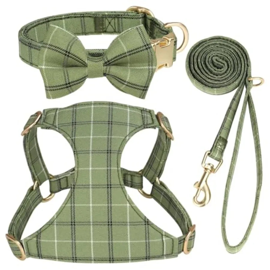 Soft Adjustable Plaid Harness Collar and Leash Set with Bowtie