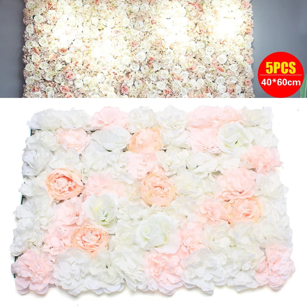 5Pcs Pink Artificial Flower Wall Backdrop  40x60cm Silk Rose Floral Panel for Home Party Wedding Birthday Baby Shower Backdrop Decoration