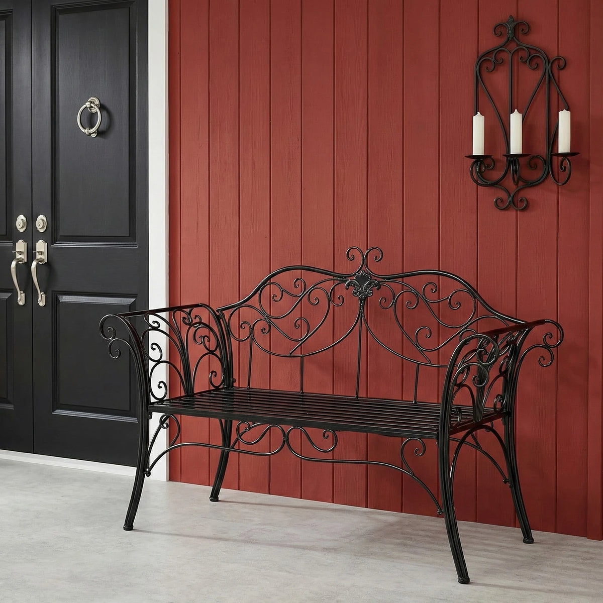 HLC Wrought Iron Garden Bench, Two-Seater Garden Bench with Decorative Wrought Iron Backrest, Outdoor Garden Bench, 2 Seats, 133x90x49 cm, Balcony, Patio, Rust-Proof, Black