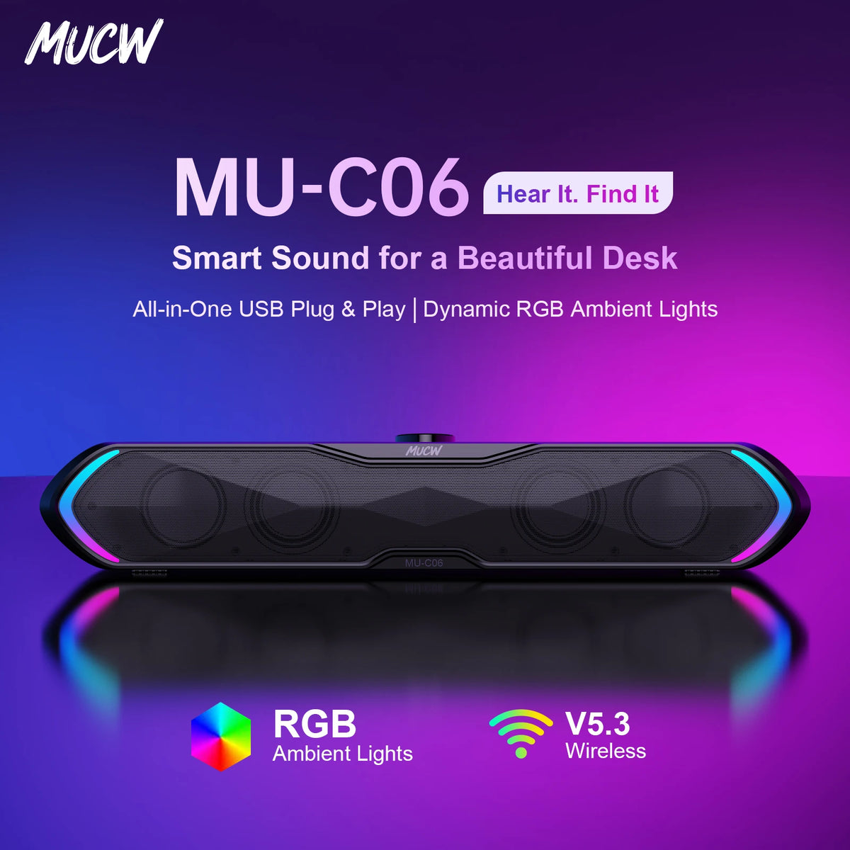 MUCW Bluetooth USB Gaming Soundbar With Stereo Speaker Audio