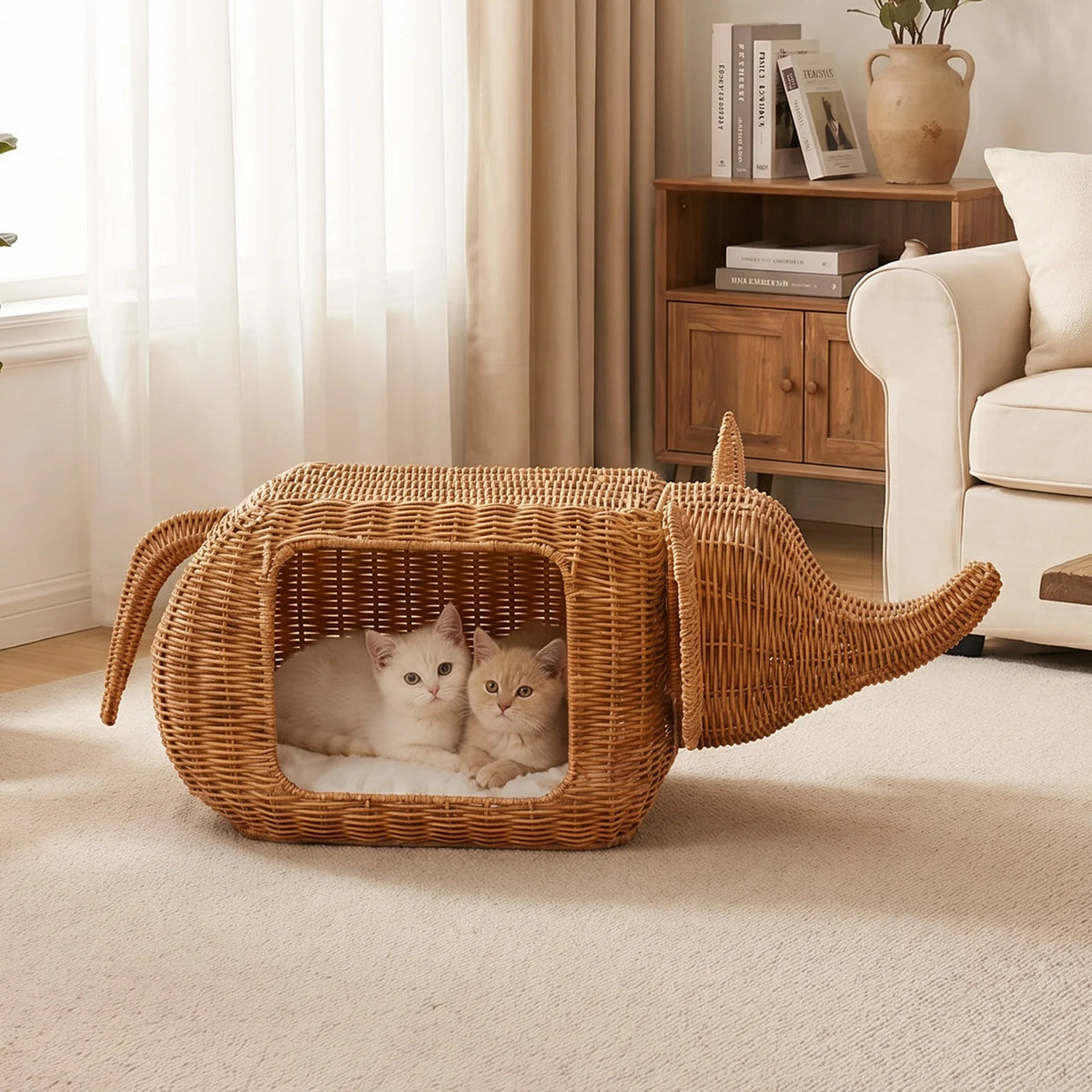 PEQULTI Handmade Elephant Rattan Cat Condo Bed With Plush Cushion