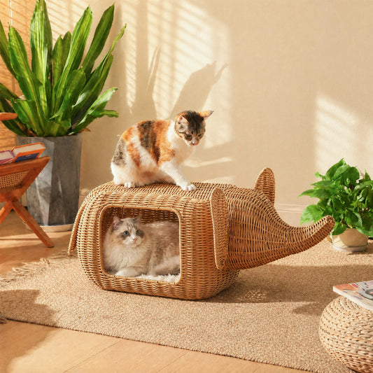 PEQULTI Handmade Elephant Rattan Cat Condo Bed With Plush Cushion