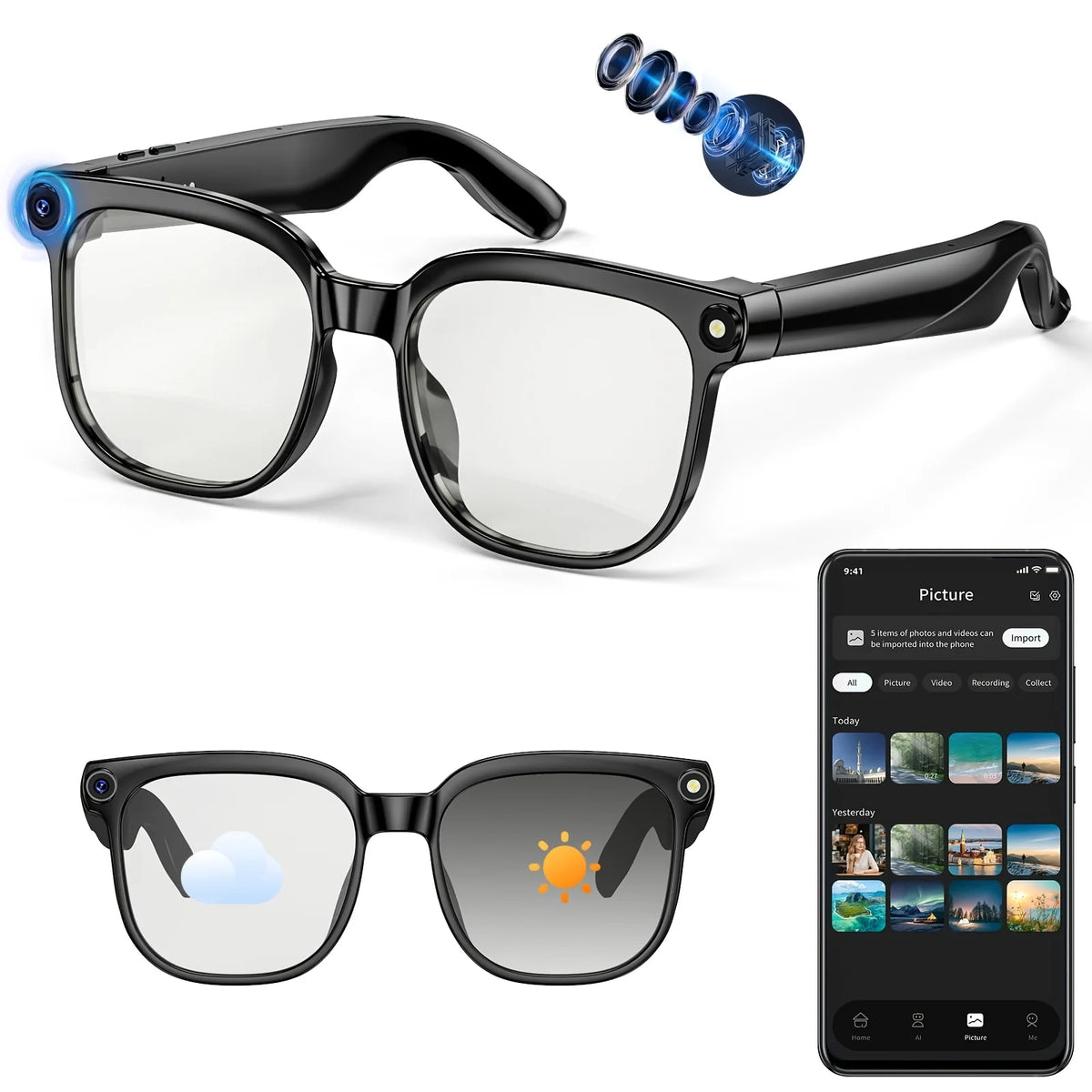 Smart Camera Glasses With 8MP HD Video And Bluetooth Translation