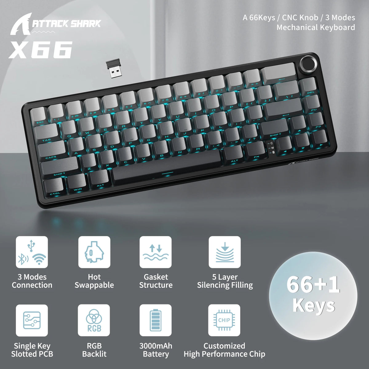 Attack Shark Wireless Mechanical Keyboard With Knob And RGB Lighting