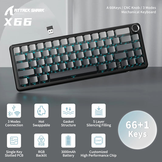 Attack Shark Wireless Mechanical Keyboard With Knob And RGB Lighting