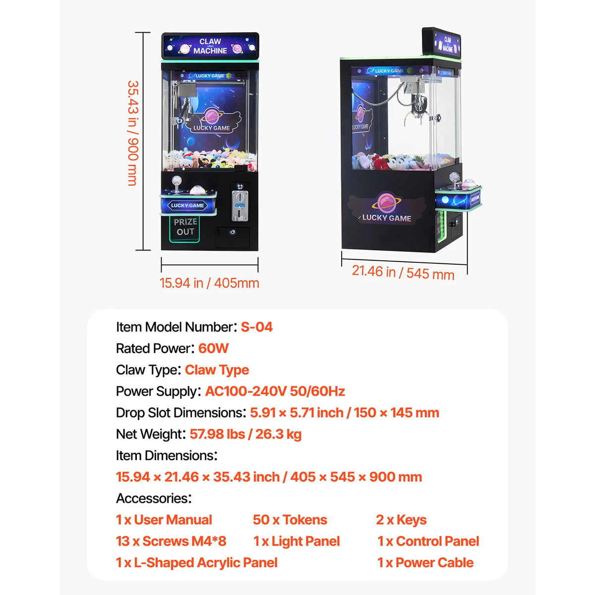 SucceBuy Claw Crane Machine Adjustable Steel Claws Precise Candy Grabber Prize Dispenser Vending Toy for Commercial Home Cinema