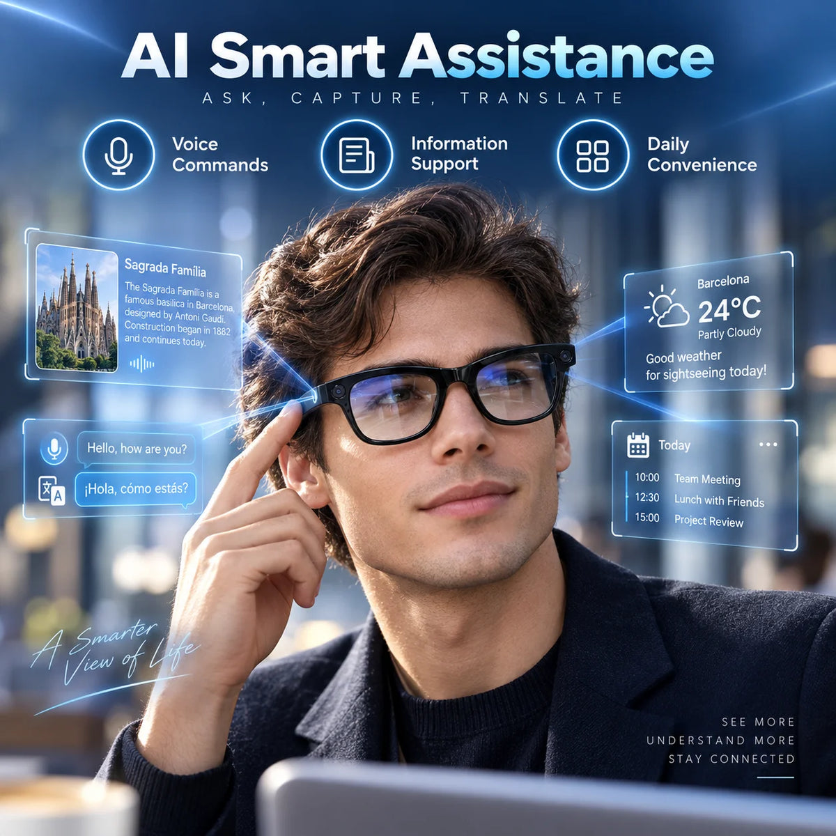 Smart AI Camera Glasses With Bluetooth Translation And Music Playback