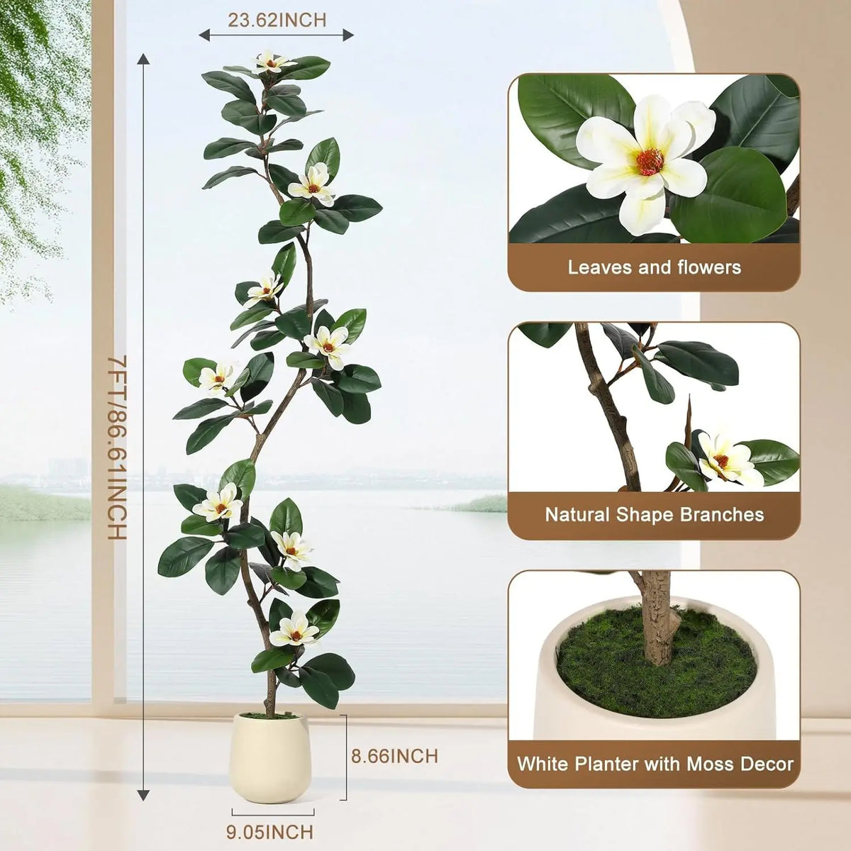 5-7FT Artificial Magnolia Tree, S-Curve Trunk, White Planter | S-shaped curved trunk, lifelike white magnolia flowers, lush green leaves, adjustable stems, cement-weighted white planter