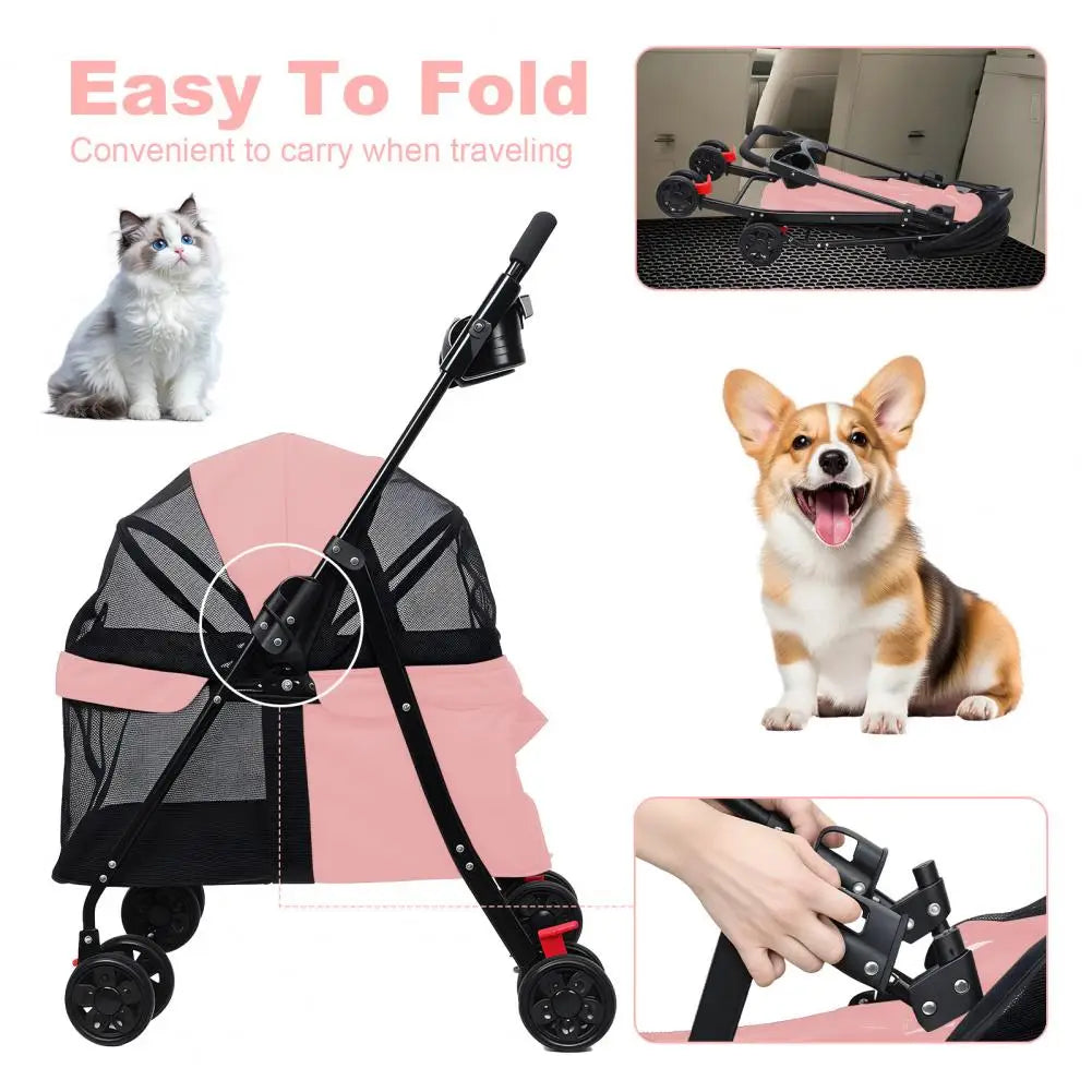 Foldable Four Wheel Pet Stroller with Breathable Mesh Window