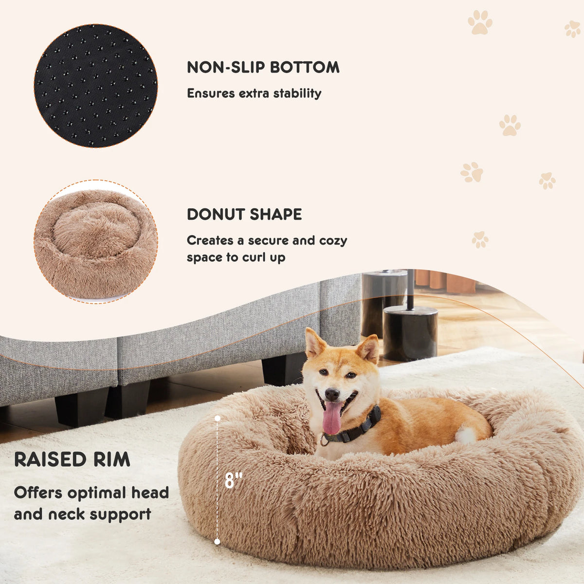 JHK Calming Dog Bed Washable Non Slip Plush Faux Fur
