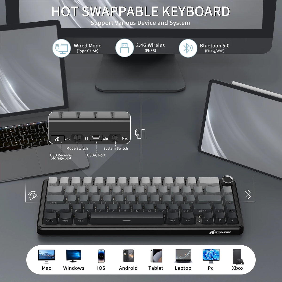 Attack Shark Wireless Mechanical Gaming Keyboard With Knob And RGB