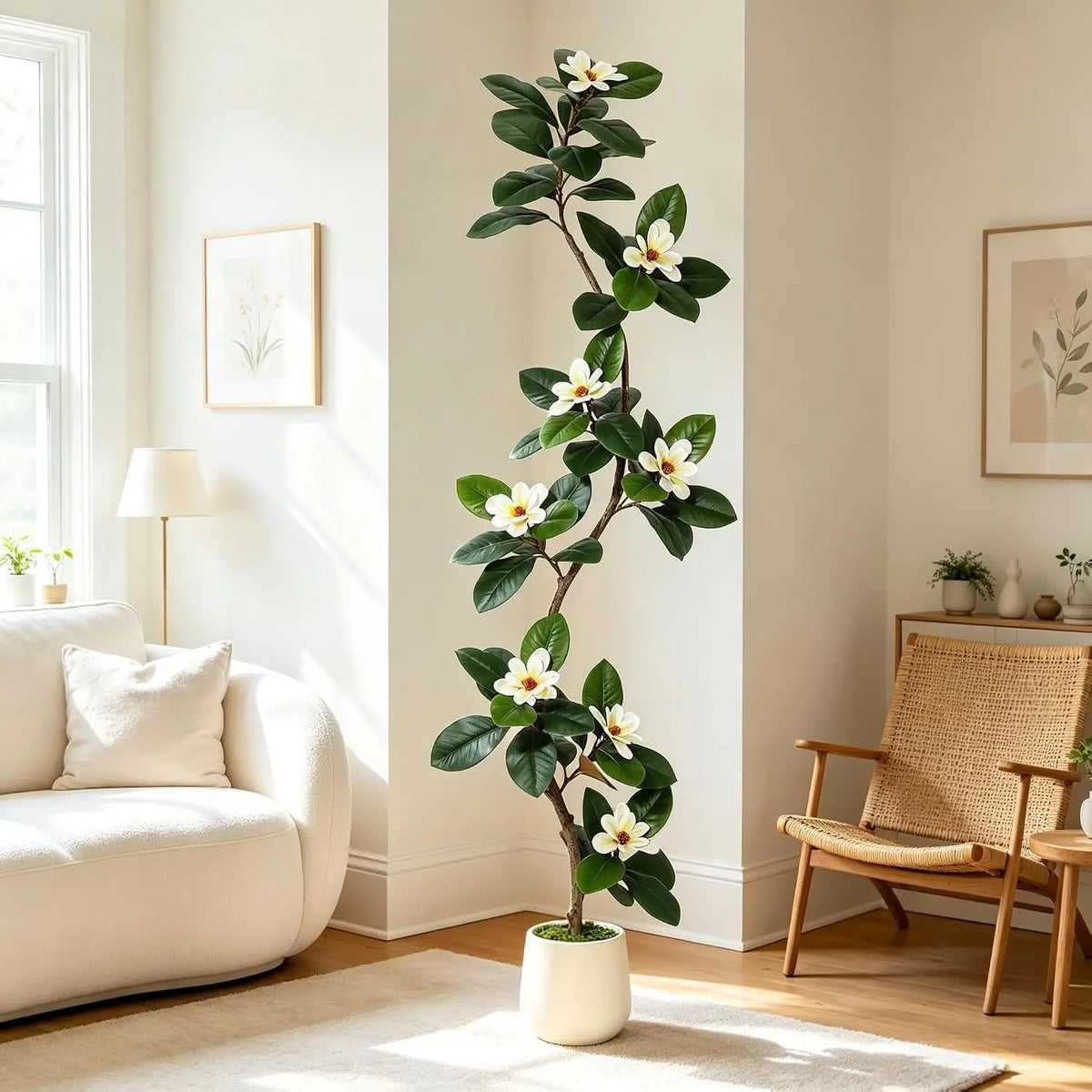 5-7FT Artificial Magnolia Tree, S-Curve Trunk, White Planter | S-shaped curved trunk, lifelike white magnolia flowers, lush green leaves, adjustable stems, cement-weighted white planter