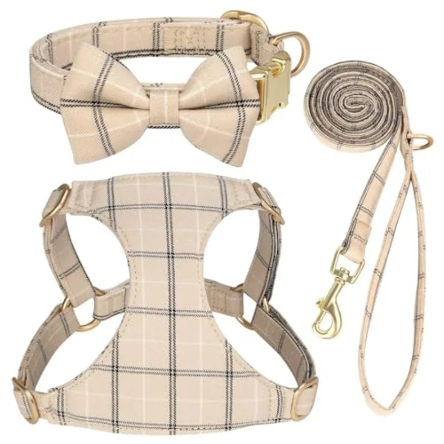 Soft Adjustable Plaid Harness Collar and Leash Set with Bowtie