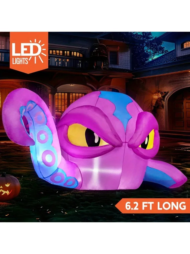 4 FT Tall Halloween Inflatable Purple Octopus Head with Tentacles Broke Out from Window with Built-in LEDs Blow Up for Halloween Window Decor, Outdoor Yard Garden Lawn Party Decoration