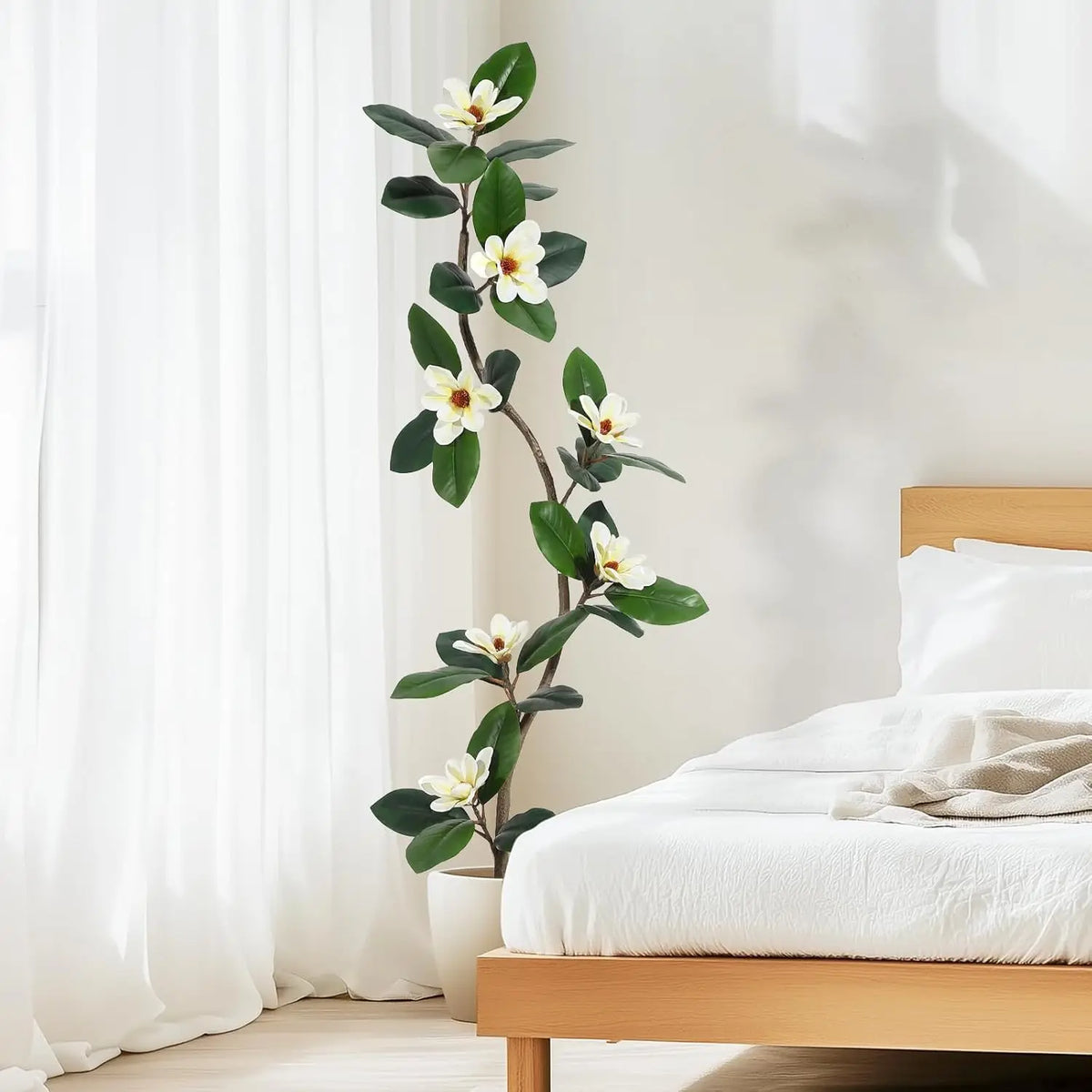5-7FT Artificial Magnolia Tree, S-Curve Trunk, White Planter | S-shaped curved trunk, lifelike white magnolia flowers, lush green leaves, adjustable stems, cement-weighted white planter