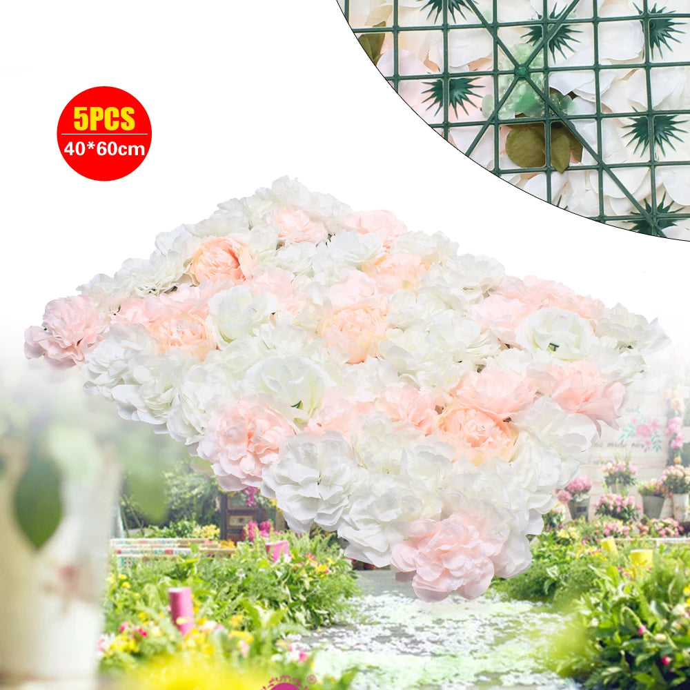 5Pcs Pink Artificial Flower Wall Backdrop  40x60cm Silk Rose Floral Panel for Home Party Wedding Birthday Baby Shower Backdrop Decoration