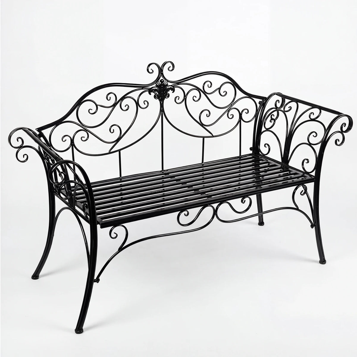 HLC Wrought Iron Garden Bench, Two-Seater Garden Bench with Decorative Wrought Iron Backrest, Outdoor Garden Bench, 2 Seats, 133x90x49 cm, Balcony, Patio, Rust-Proof, Black