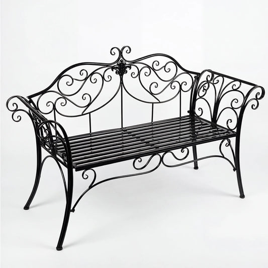 HLC Wrought Iron Garden Bench, Two-Seater Garden Bench with Decorative Wrought Iron Backrest, Outdoor Garden Bench, 2 Seats, 133x90x49 cm, Balcony, Patio, Rust-Proof, Black