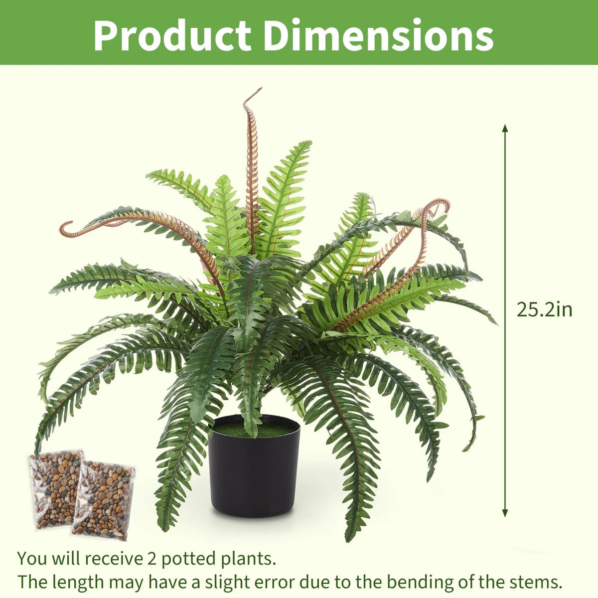 2 Pack Small Artificial Lifelike Fern Plants in Pot, 25" Fake Fern Bush Indoor Outdoor Faux Greenery for Home Office Decor, Patio Garden Farmhouse Windowsill