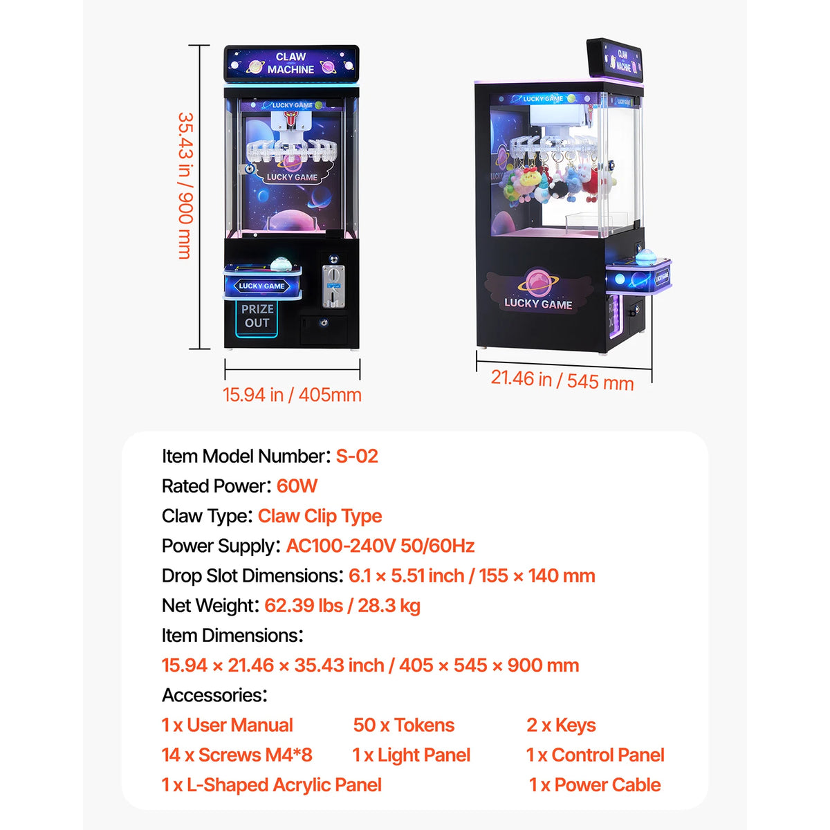 SucceBuy Claw Crane Machine Adjustable Steel Claws Precise Candy Grabber Prize Dispenser Vending Toy for Commercial Home Cinema