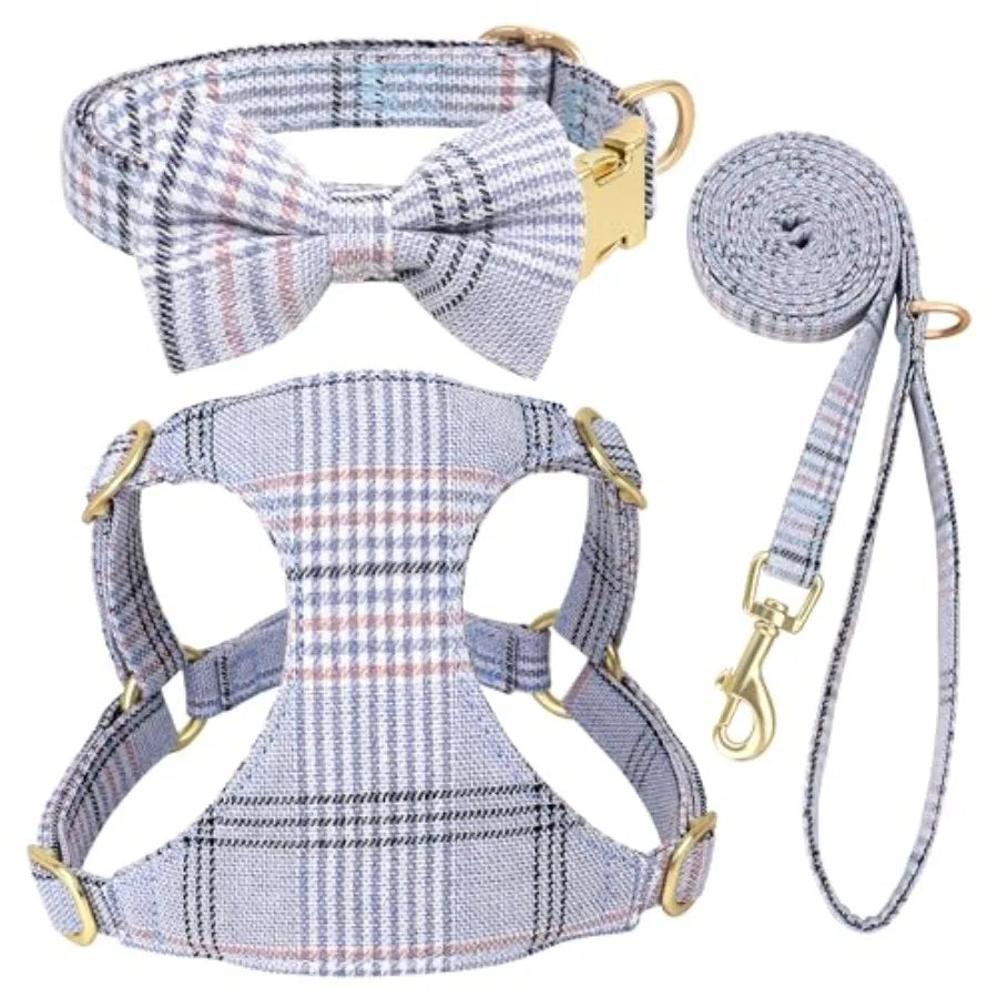 Soft Adjustable Plaid Harness Collar and Leash Set with Bowtie