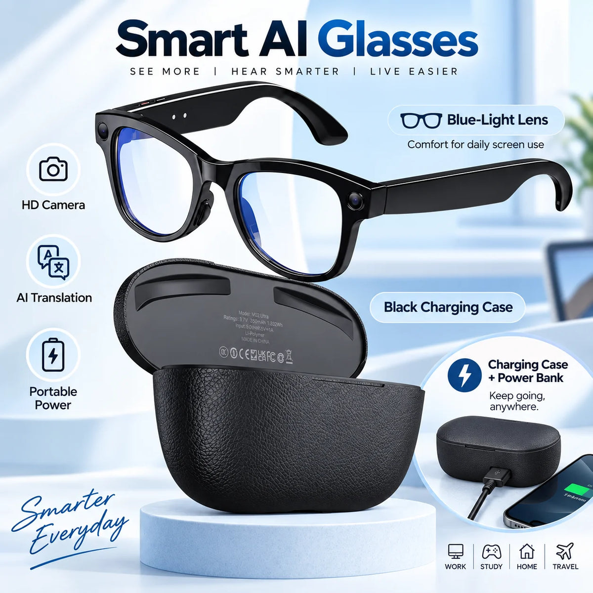 Smart AI Camera Glasses With Bluetooth Translation And Music Playback