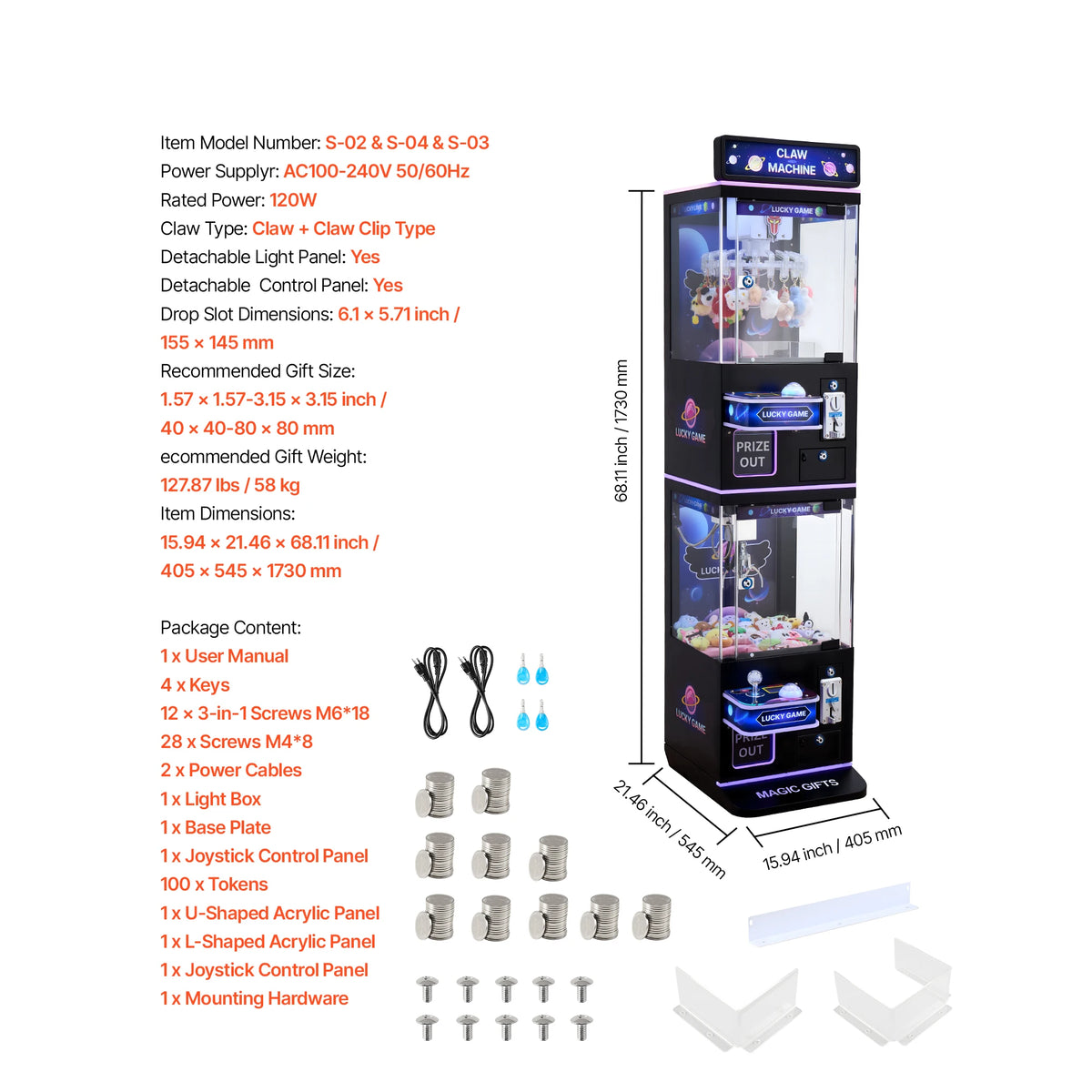 SucceBuy Claw Crane Machine Adjustable Steel Claws Precise Candy Grabber Prize Dispenser Vending Toy for Commercial Home Cinema