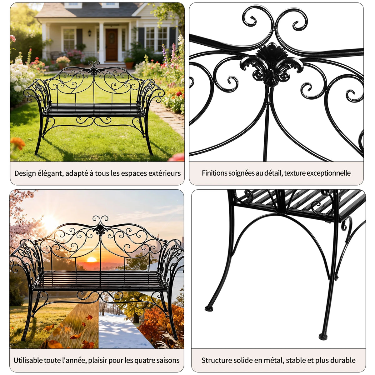HLC Wrought Iron Garden Bench, Two-Seater Garden Bench with Decorative Wrought Iron Backrest, Outdoor Garden Bench, 2 Seats, 133x90x49 cm, Balcony, Patio, Rust-Proof, Black