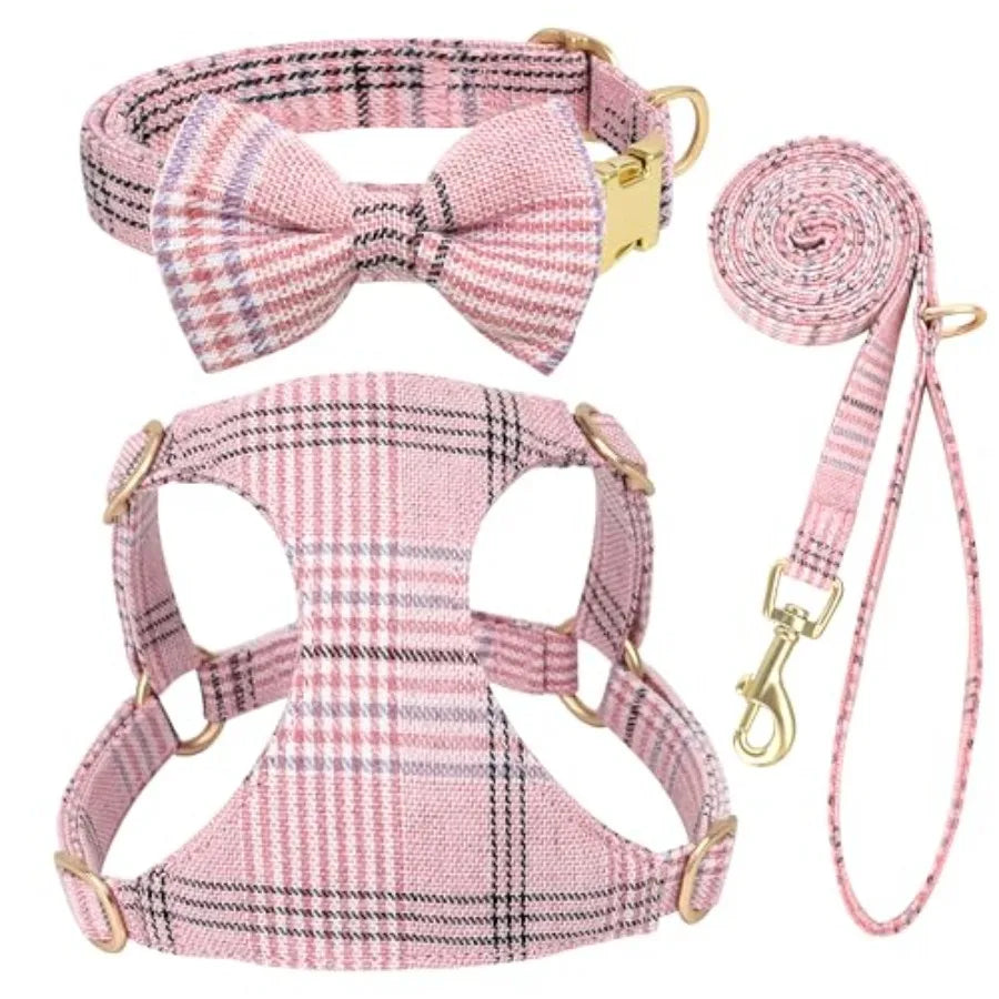Soft Adjustable Plaid Harness Collar and Leash Set with Bowtie