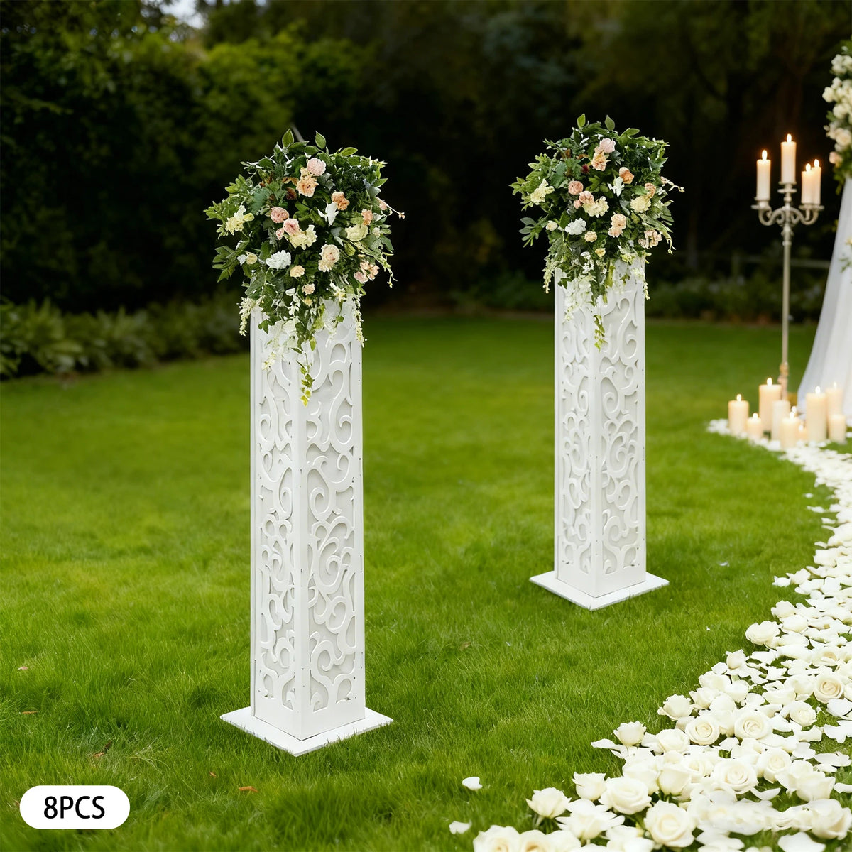 8Pcs Wedding Flower Columns 47 Inch Tall PVC Hollow Out Stand with LED Lights Cloud Pattern for Party Birthday Outdoor Decor