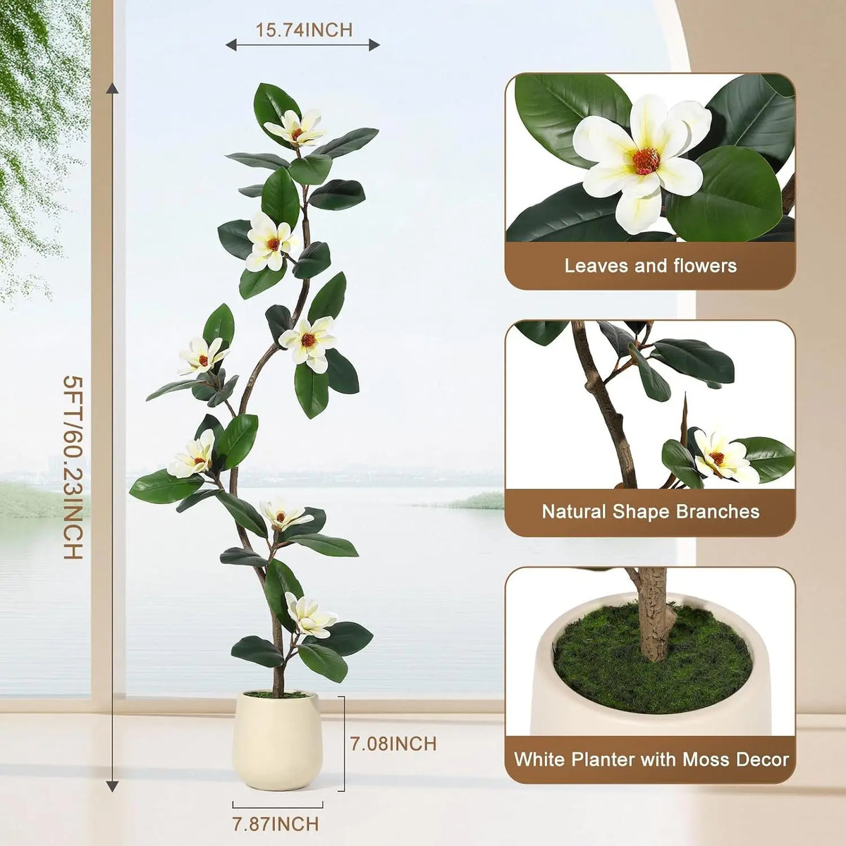 5-7FT Artificial Magnolia Tree, S-Curve Trunk, White Planter | S-shaped curved trunk, lifelike white magnolia flowers, lush green leaves, adjustable stems, cement-weighted white planter