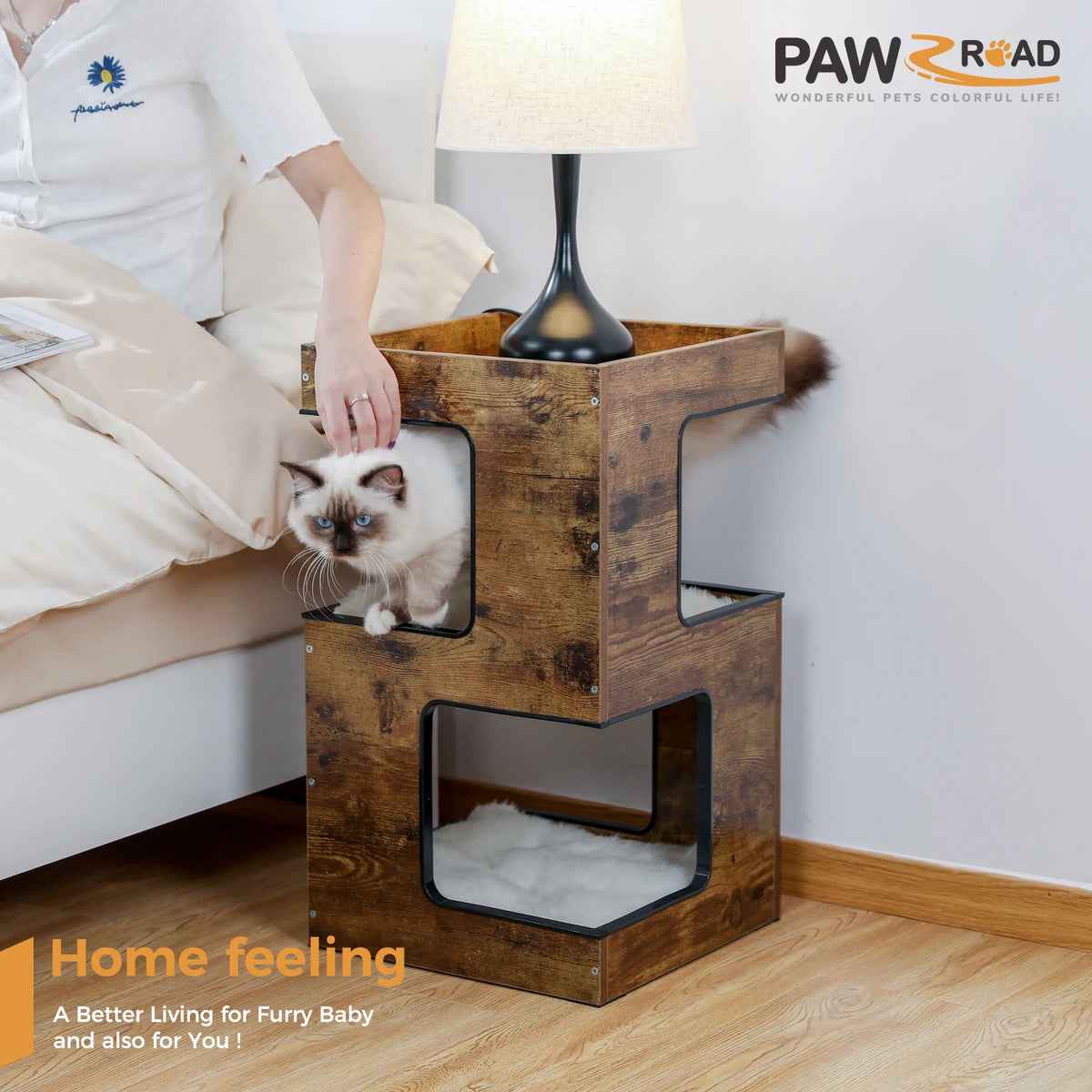 PAWZ Road Wood Cat Condo With Scratching Pad And Bed
