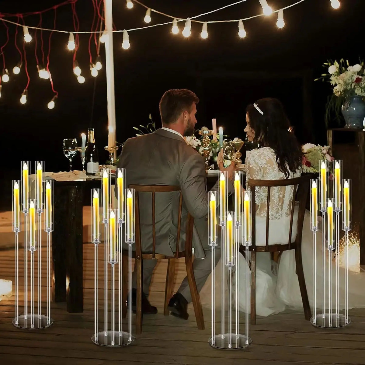 8Sets Acrylic Candelabra Centerpieces for Wedding with LED Candles 33.9 Inches 5 Arm Candlestick Holder with Acrylic Shade for D