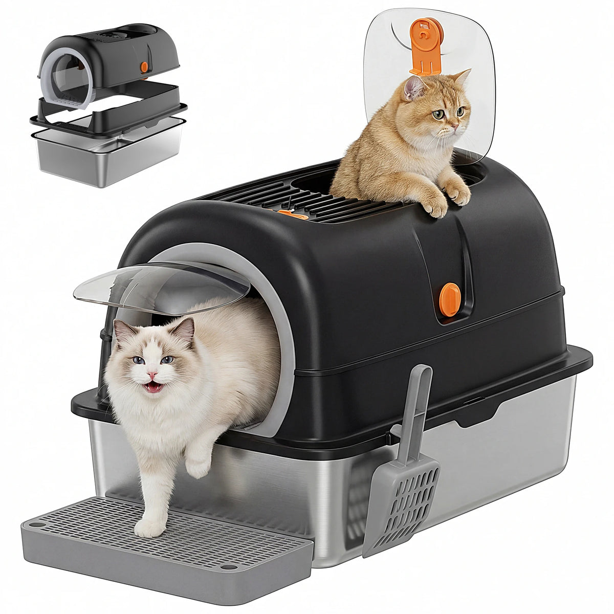 Fully Enclosed Stainless Steel Cat Litter Box Includes Scoop