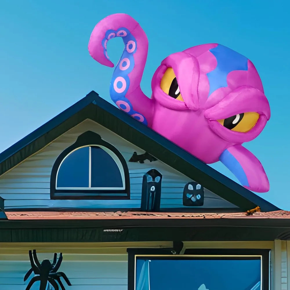 4 FT Tall Halloween Inflatable Purple Octopus Head with Tentacles Broke Out from Window with Built-in LEDs Blow Up for Halloween Window Decor, Outdoor Yard Garden Lawn Party Decoration