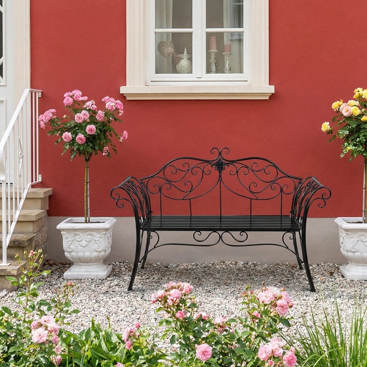 HLC Wrought Iron Garden Bench, Two-Seater Garden Bench with Decorative Wrought Iron Backrest, Outdoor Garden Bench, 2 Seats, 133x90x49 cm, Balcony, Patio, Rust-Proof, Black