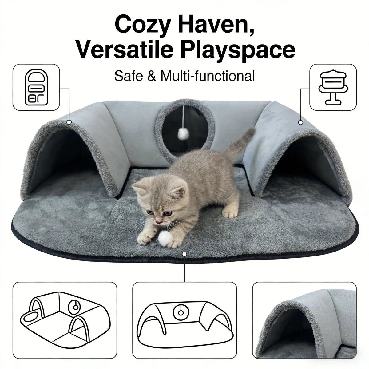 Premium Cat Tunnel Bed With Plush Cushion And Hideaway Cave