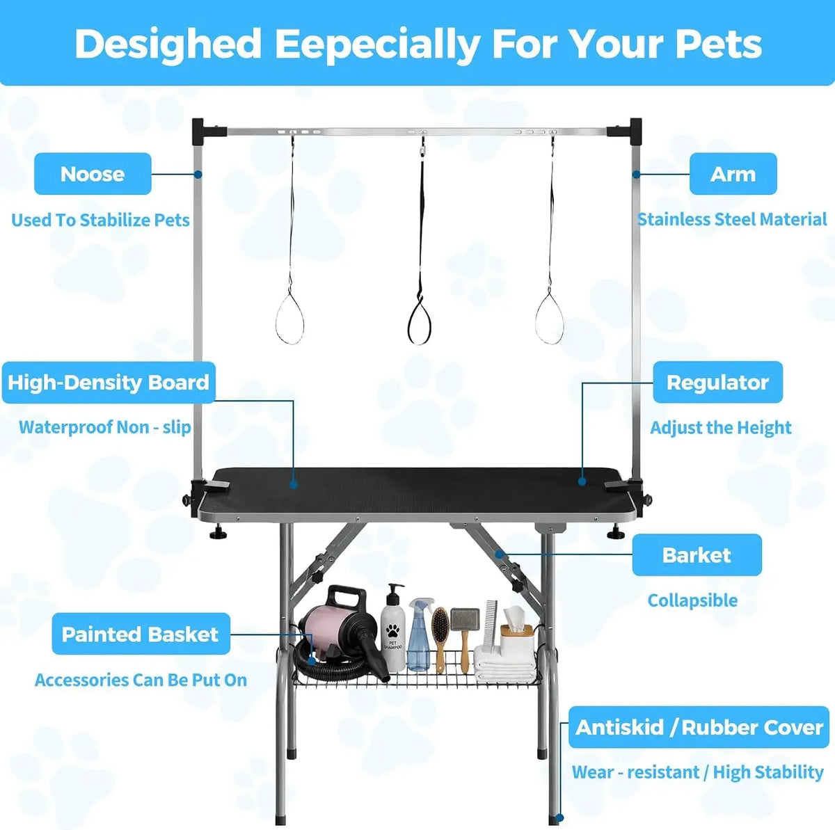 Garvee Foldable Professional Dog Grooming Table With Adjustable Safety Arm