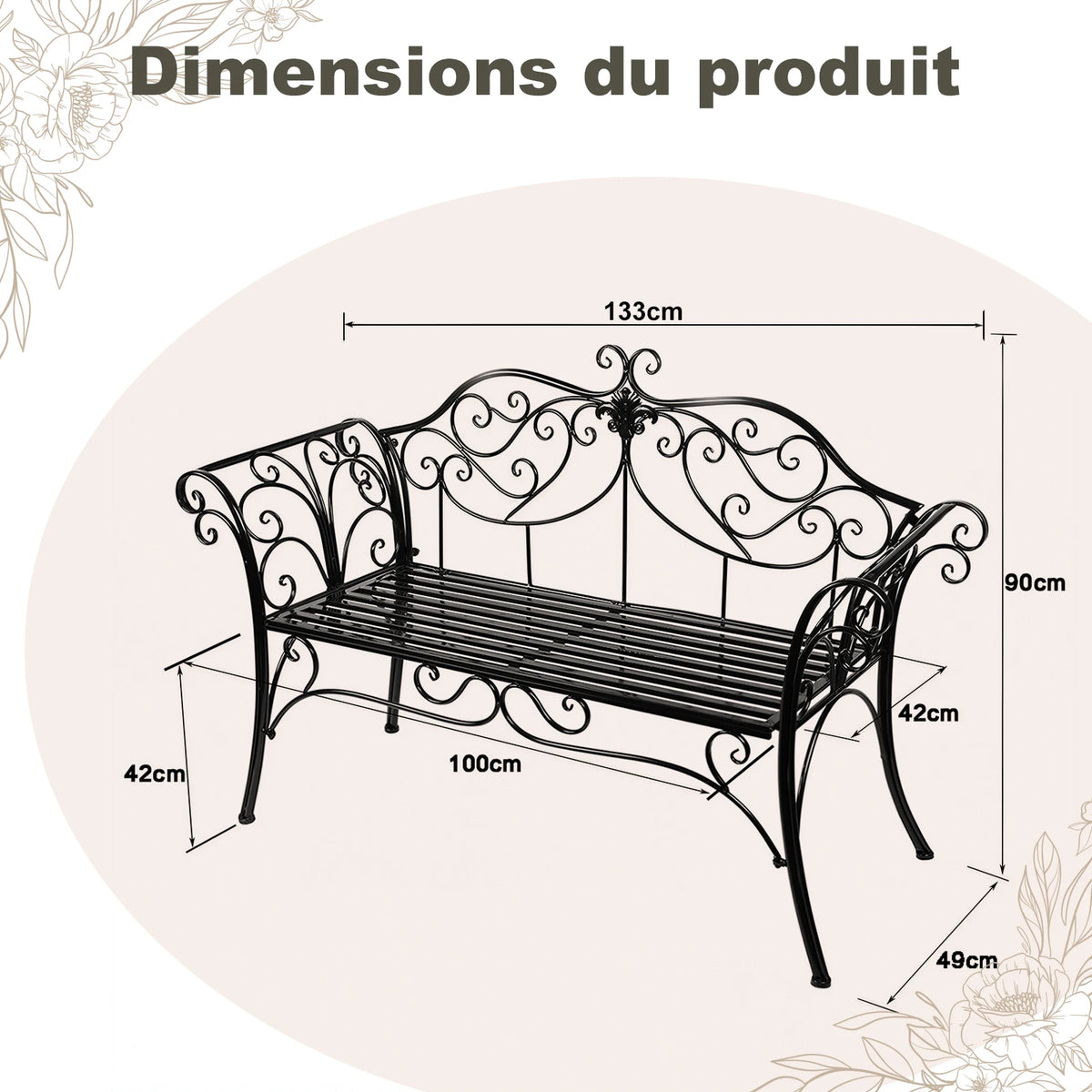 HLC Wrought Iron Garden Bench, Two-Seater Garden Bench with Decorative Wrought Iron Backrest, Outdoor Garden Bench, 2 Seats, 133x90x49 cm, Balcony, Patio, Rust-Proof, Black