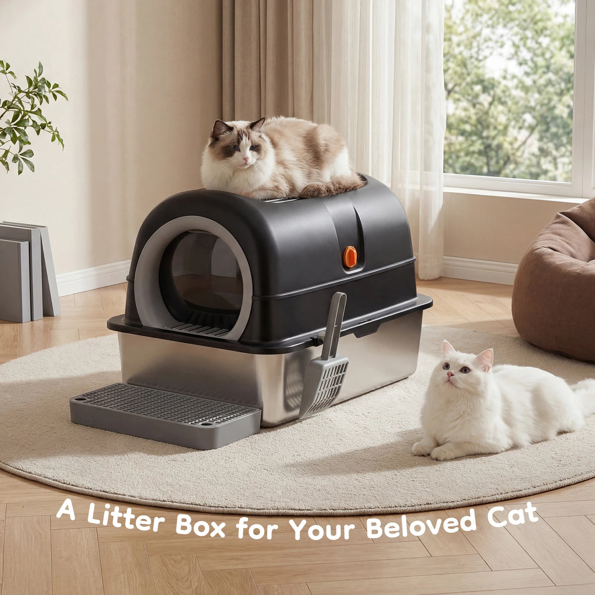 Fully Enclosed Stainless Steel Cat Litter Box Includes Scoop