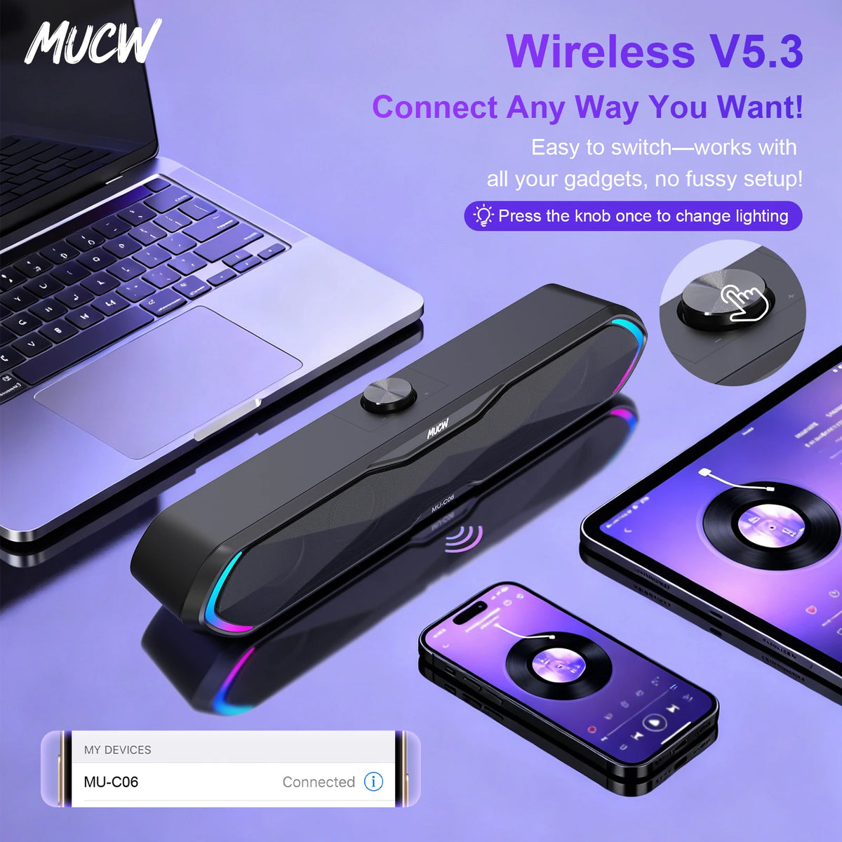 MUCW Bluetooth USB Gaming Soundbar With Stereo Speaker Audio