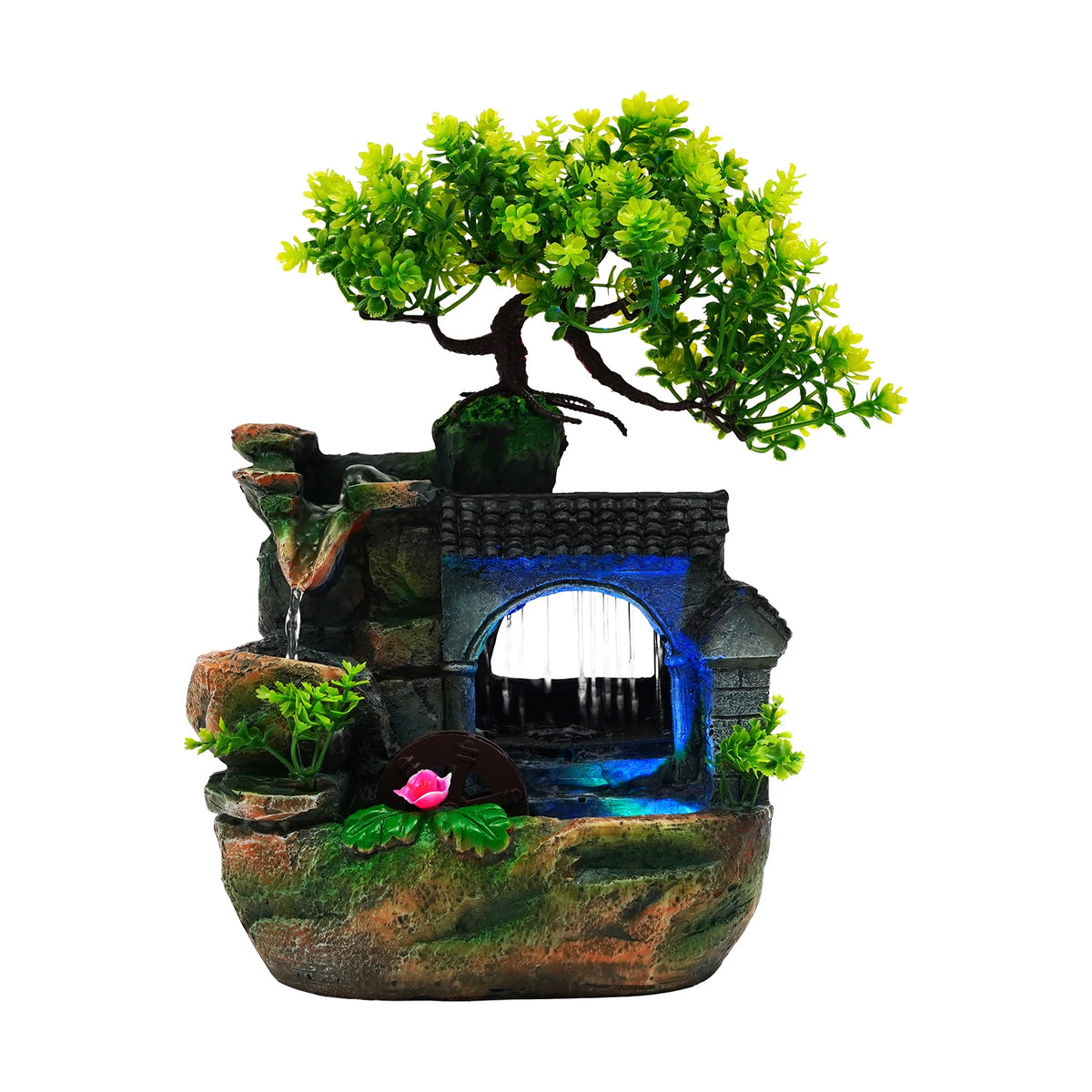 Tabletop Fountain Ornament, Tabletop Fountain, Flowing Water Resin Decor, Imitation Rock Bonsai, Durable Desktop Water Feature, Nature Style, 110V US Plug, Indoor Office Living Room Decoration, Hand-Carved Simulation Plant Wh